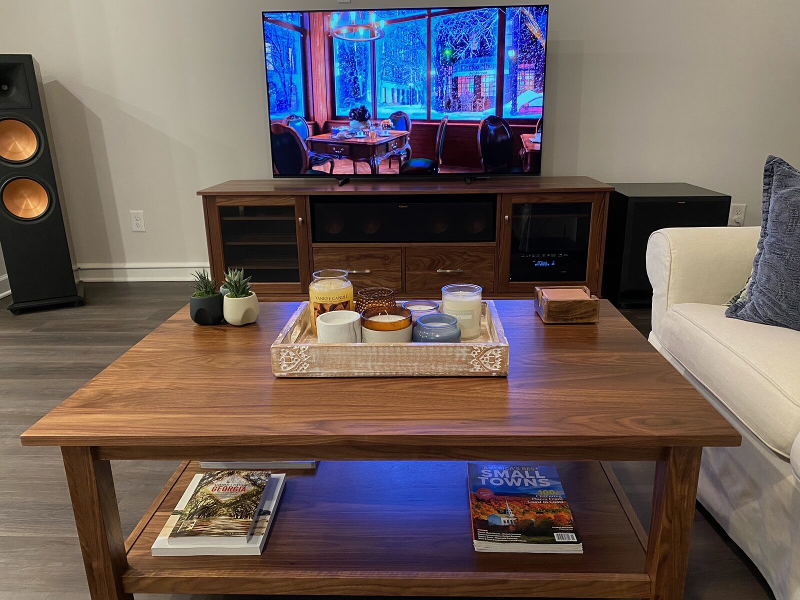 A B&A solid wood media console in a customer's home