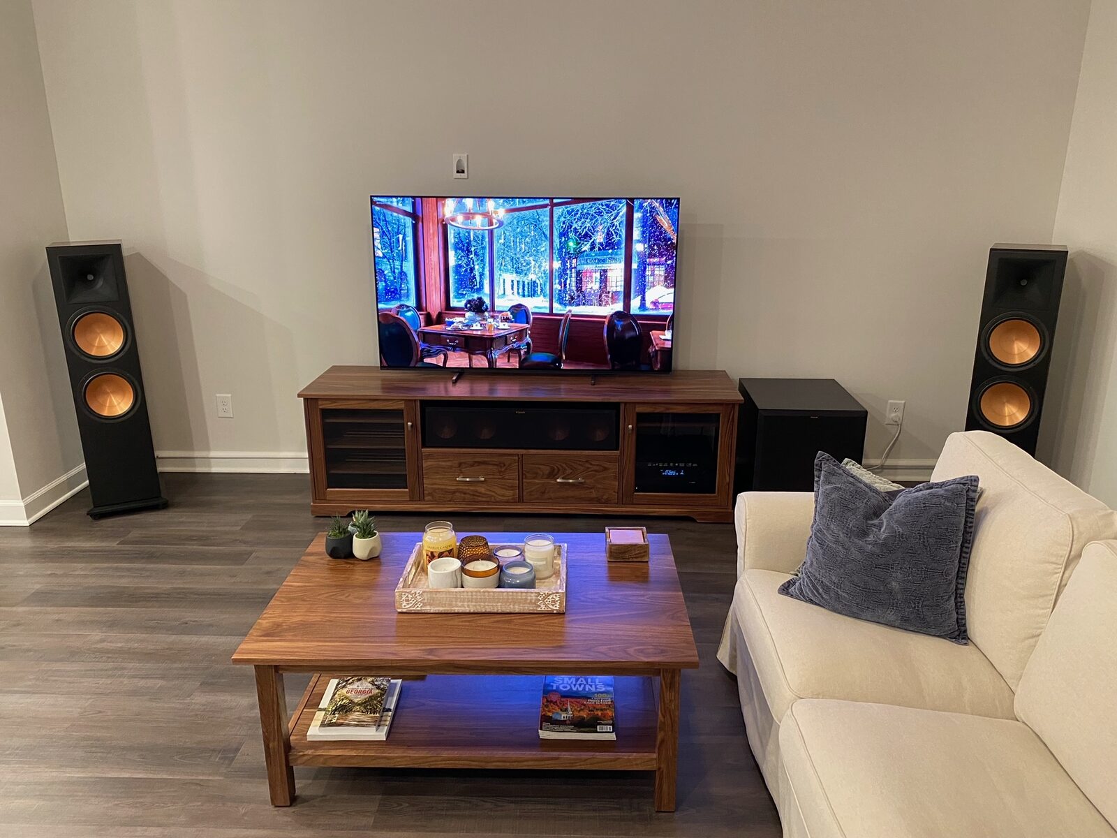 A B&A solid wood media console in a customer's home
