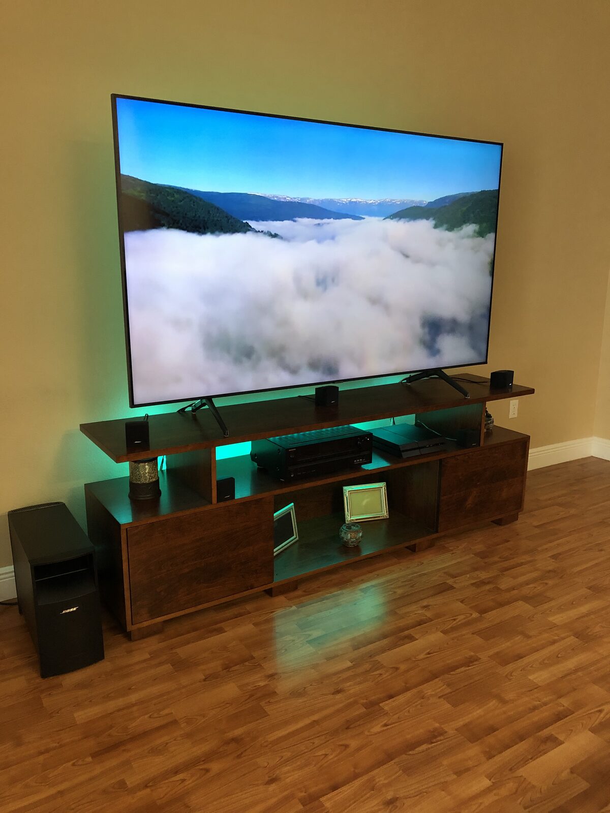 A B&A solid wood media console in a customer's home