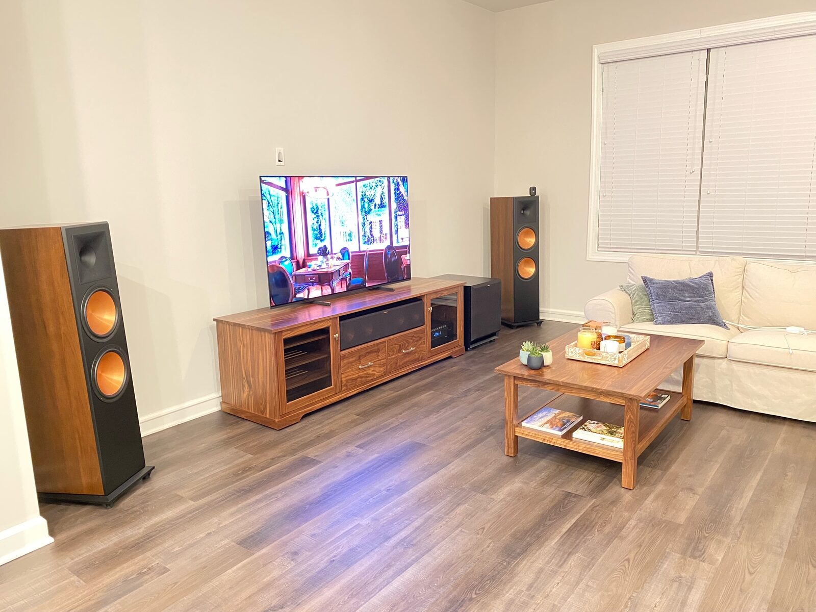 A B&A solid wood media console in a customer's home