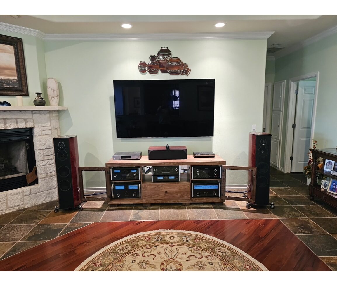 A B&A solid wood media console in a customer's home
