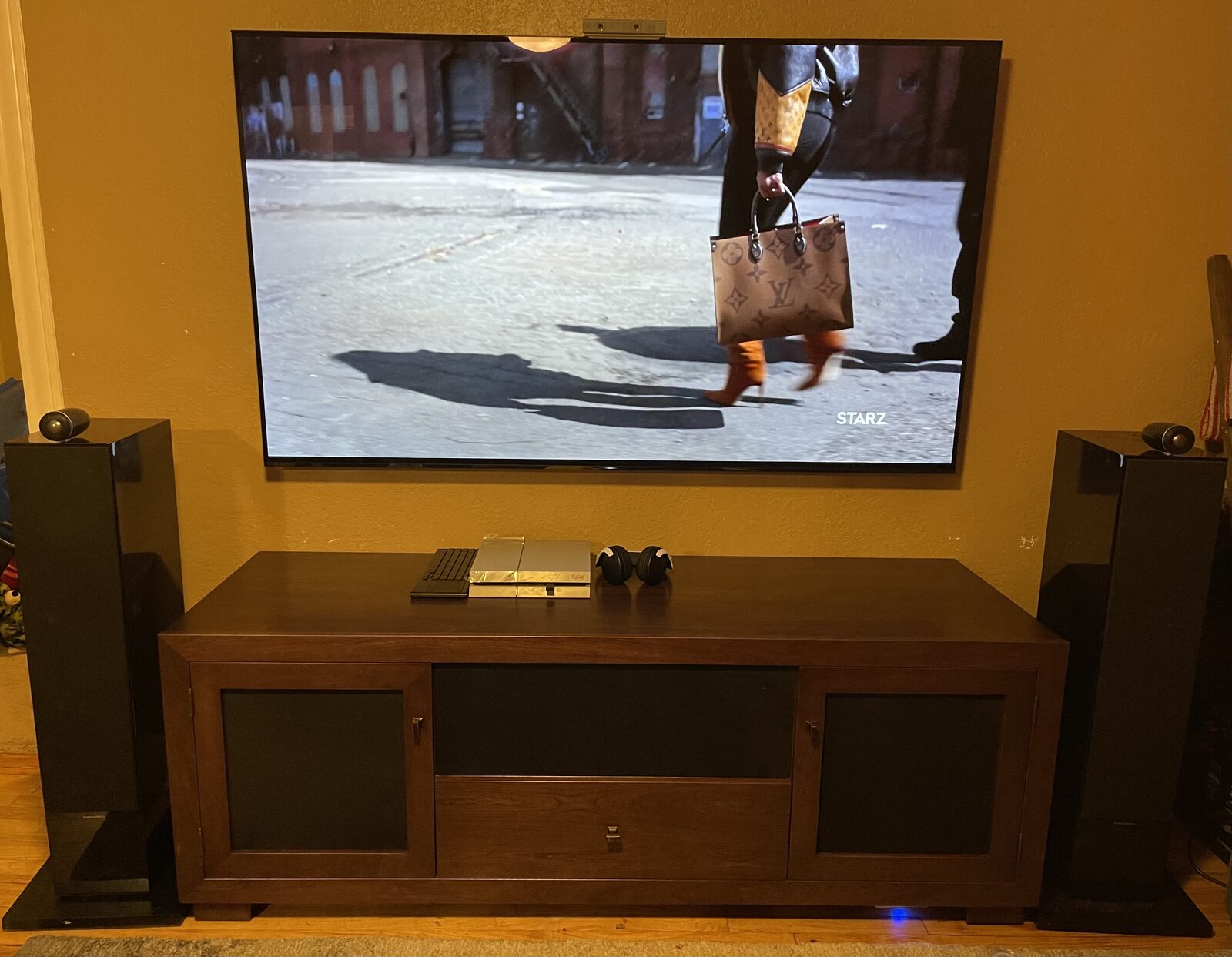 A B&A solid wood media console in a customer's home