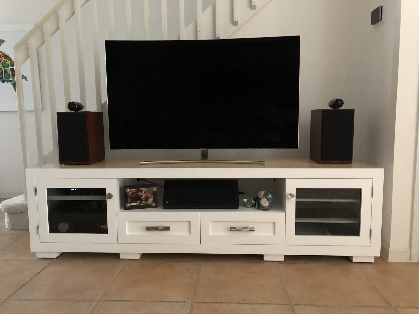 A B&A solid wood media console in a customer's home