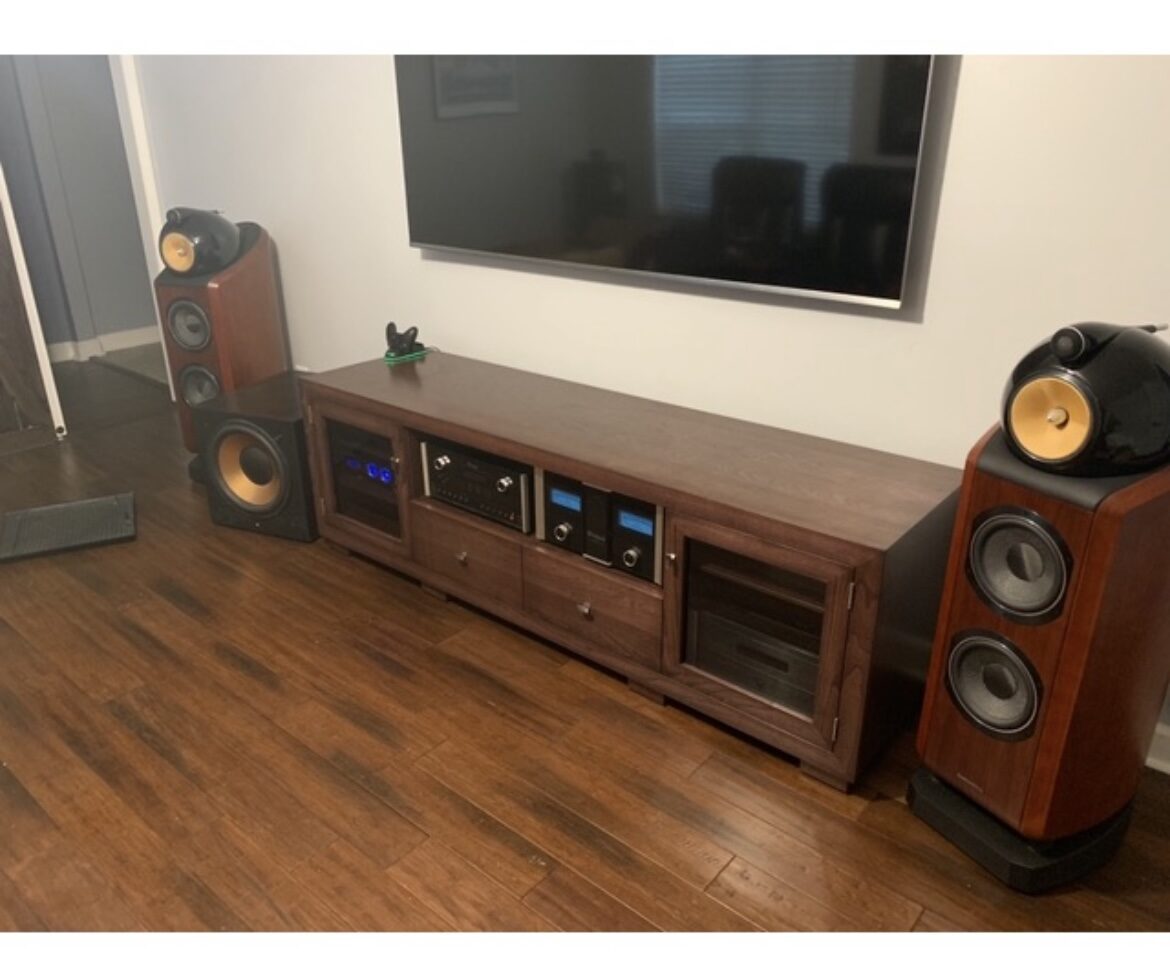 A B&A solid wood media console in a customer's home