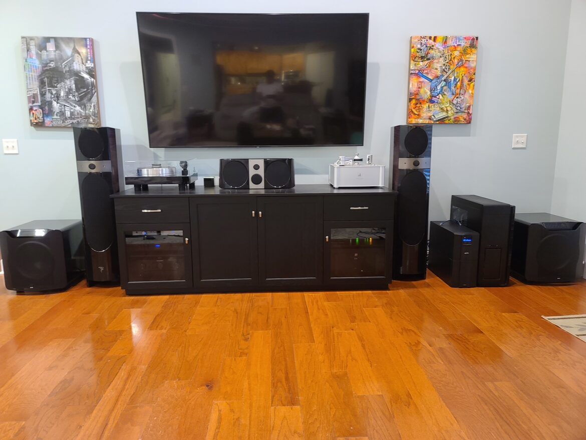 A B&A solid wood media console in a customer's home