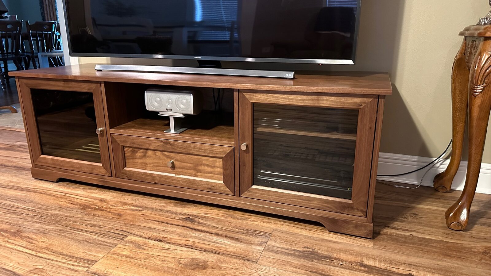 A B&A solid wood media console in a customer's home